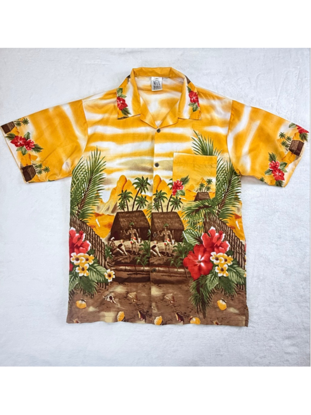Men's Max Mehra Yellow & Brown Hawaiian Button Down Shirt Medium